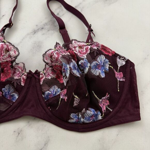 Victorias Secret Unlined Demi Bra Size 36 D Purple Pink Embroidered Lace Sheer - Picture 2 of 8